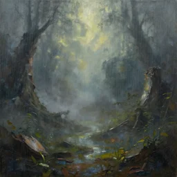 An oil painting of a magical scene, the background was ruined by rain and fog, surrealism, cinematic world