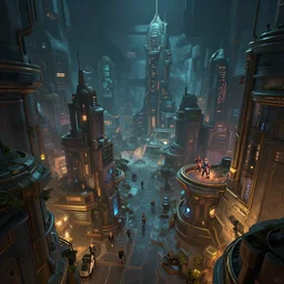 wide angle view of piltover underground cyberpunk city, league of legends arcane, highly detailed, digital matte painting, artstation, hyperrealism, unreal engine, octane render, 8 k, by federico pelat and liam wong and jonas roscinas and damien peinoit