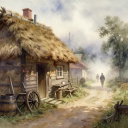 watercolor painting of rustic village street, straw roof, scandinavian mythology, ambient lighting and shadows, fog, wheel, barrel, wooden tools, art by hans dahl, by jesper ejsing, art by anders zorn, wonderful masterpiece by greg rutkowski, cinematic light, american romanticism by greg manchess, creation by tyler edlin