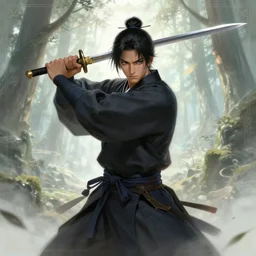 a highly detailed illustration of calm ronin elegantly swinging sword, ethereal forest background, intricate, elegant, highly detailed, centered, digital painting, artstation, concept art, smooth, sharp focus, league of legends concept art, wlop.