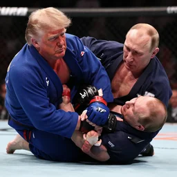 a perfect color action photograph of donald trump and vladimir putin fighting in the ufc. guillotine choke. strong lighting. lots of sweat and haematomas.