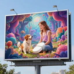 billboard ad for a psilocybin pharmaceutical pill showing a happy girl and a puppy in a psychedelic wonderland, detailed, realistic