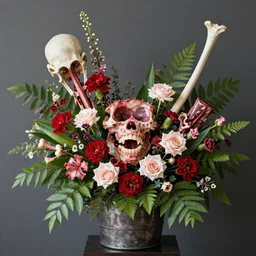 Professional floral arrangement of human flesh, bones, teeth, and rotten meat