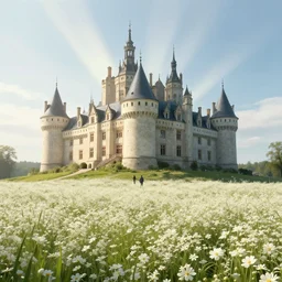 a castle in a field of white flowers, godrays, cinematic, poster art by james gurney jesper ejsing, ilya kuvshinov, greg rutkowski on artstation