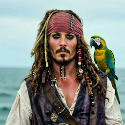 jack sparrow with a parrot on the shoulder, portrait, 8k resolution