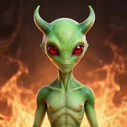realistic alien, medium shot portrait, devil horns,,!!!!! human eyes!!!!!!, green body. red eyes, background flames - n 6