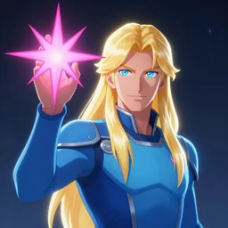 photo of glowing blonde white man with long hair, blue eyes, wearing blue future uniform, raising his right with seven pointed pink star, seven pointed pink star, seven pointed pink star, artstation, detailed