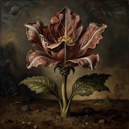 a flower made of veins and muscle tissue growing from the earth, elegant, dark, by ambrosius benson and beksinski, by fernando botero, a touch of giuseppe arcimboldo, realistic, renaissance, zoomed out, epic shot