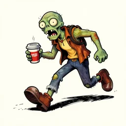 zombie chasing coffee, patch logo, by mcbess, full colour print, vintage colours 1 9 5 0 s, high detail, lines
