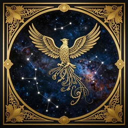 a skymap with a detailed constellation of a phoenix bird, cosmos background with golden art nouveau frame