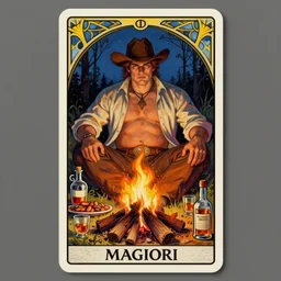 a dramatic, ethereal painting of a handsome thicc mischievous cowboy with an open shirt sitting behind a campfire at night with food and jugs of whisky | tarot!! card, art deco, art nouveau | by Mark Maggiori | trending on artstation