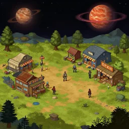 in front of some stores, next to a remote outpost, on an alien planet, from a space themed point and click 2 d graphic adventure game, set design inspired slightly by tomb raider, art inspired by [ thomas kinkade ] and mark keathley and tyler edlin