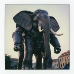 giant oversized cyborg elephant as cyborg mecha robot, in legnica, full body shot, cinematic focus, polaroid photo, vintage, neutral dull colors, soft lights, sunset,, film still close up by by victor enrich, by gregory crewdson