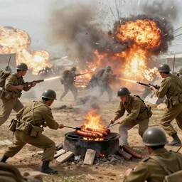 soldiers roasting weenies in the middle of the vietnam war battle with explosions in the background