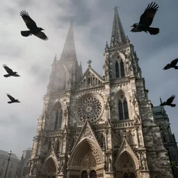 crows flying around cathedral, low angle shot, misty and gloomy environment