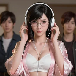 tifa lockhart portrait, pale pink and white silk robe and decollete bra, wearing glasses, listening to music, art by artgerm, wlop, loish, ilya kuvshinov, 8 k realistic, hyperdetailed, beautiful lighting, detailed background, depth of field, symmetrical face, frostbite 3 engine, cryengine,