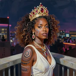 palette knife oil painting portrait of erykah badu, a queen - with gold tiara with rubies and diamonds, woman in white dress and australian aboriginal body paint, concrete balcony, nightclub, artstation trending, artgerm, any racial background, deviant art, hipster, octane, substance, art history 8 k