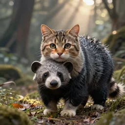 cat merged with a binturong, kawaii cute art digital painting
