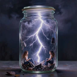 an intense lightning storm trapped inside a jar, breaking out of the jar. beautiful detailed dramatic painting by artgerm and magali villanueve and james jean