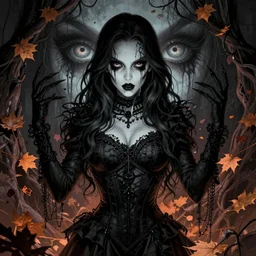 beautiful stella maeve magician, black magic spells, in the style of joshua middleton, rafeal albuquerque comicbook cover art, phil noto, creepy pose, spooky, symmetrical face and body, volumetric lighting, cinematic lighting, detailed realistic symmetrical eyes, insanely detailed and intricate elegant, autumn leaves