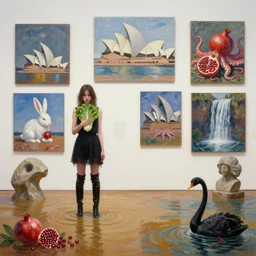 painting of flooded sydney white rabbit art gallery with paintings on the wall, emo girl holding lettuce, sydney opera house, long black boots, pomegranates, octopus, waterfall, stone sculpture by rodin, zen, black swans, berries, surrealist, by magritte and monet