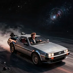 Astolfo driving Delorean car through space and time