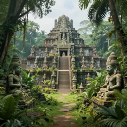 the jungle grows around an ancient, lost city filled with statues of forgotten gods