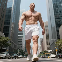 muscly very pale man larger than skyscrapers wearing white shorts walks around the city, low angle shot, hairy legs, color photography, highly detailed, award winning photography lots of sunlight, 4 k, highly detailed, trending on artstation