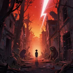 abandoned apocalyptic old alley filled with monsters with a kid at the centre, trees and stars background, falling petals, epic red - orange sunlight, perfect lightning, illustration by niko delort,