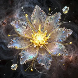 boolean fractal of a rare inter dimensional floral with exotic translucent iridescent moth as petals and long yellow crystals, filaments trespassing several layers of matter, nebulae, smoke, dust, crystal, detailed, octane render, houdini, arnold, fume fx, krakatoa, wide shot, angular, hd, volumetric light, particles art station