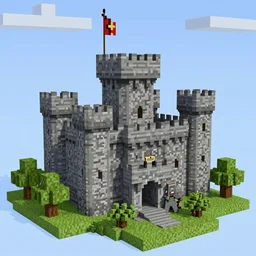 medieval knight in the castle, in the style of minecraft