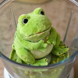 a cuddle toy frog getting blended in a fast mixer, macro shot, canon 4 0 mm