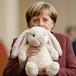 angela merkel holds a fluffy cute plush rabbit with very long ears 8 k, hd