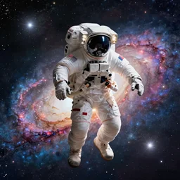 An astronaut floating alone in space with a colorful complex galaxy in the background, digital art