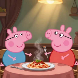 Walter white and peppa pig eating spaghetti lady and the tramp style