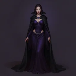 Fantasy portrait, Necromancer, female, beautiful face, dark garments, dark pruple robes, midriff, Black cloak from neck to ankles, pin-up, matte painting, by Mauricio Herrera, artstation