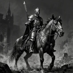 A knight using a tapir as a steed. Dark Fantasy, Film Noir, Black and White. High Contrast, Mike Mignola, D&D, OSR