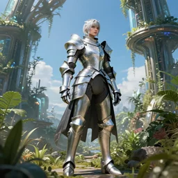 full armored female knight errant in a high tech botanical world with blue skies | style by larry elmore, vincent callebaut, dramatic light | high detail | cinematic lighting | pristine metals, glass, plants | solarpunk | concept art |