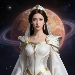 portrait of the powerful empress of the solar system in the style of charlie bowater and in the style of mark ryden. glowing, ornate and intricate linework, sharp focus, depth of field, stunning, dynamic lighting, ultrafine and hyperdetailed.