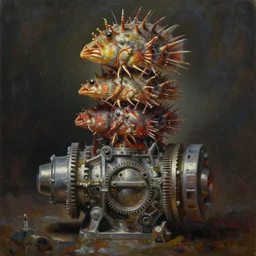 oil painting nightmare macerated gear box fused into epic staggered & tiered panulirus ornatus, cinematic, fine art, by jack gaughan, shigeru komatsuzaki