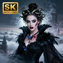 hyperrealistic portrait of a amber heard as a bloody vampire witch, black swan feathers robe, sapphire butterfly jewellery, medusa macro snake photography bun hair, mystic fog smoke, above the clouds skyscrapers. by jeremy mann, fantasy art, photo realistic, dynamic lighting, artstation, poster, volumetric lighting, highly detailed face, 4 k, award winning