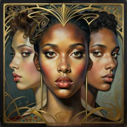 a streamline moderne, art nouveau, multi - ethnic and multi - racial portrait in the style of gilbert williams, and in the style of donato giancola, and in the style of charles dulac. intelligent, expressive, very large eyes. symmetry, ultrasharp focus, dramatic lighting, photorealistic digital painting, intricate, elegant, highly detailed, symmetrical.