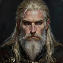 geralt of rivia with long beard, close up, portrait, sinister atmospheric lighting. highly detailed painting by greg rutkowski, anime style