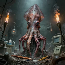 pencils of brutalist medical, unsymmetrical, horror squid block, surrounding med equipment, abandoned, filthy, spore laden, plague, by v finlay, r m powers, wayne d barlowe, stefano tamburini, torch light, muted colors, epic, hyper detailed, awe inspiring, award winning horror, hyper realism, cinematic