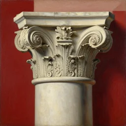 achingly beautiful painting of intricate ancient roman corinthian capital on ruby background by rene magritte, monet, and turner. giovanni battista piranesi.