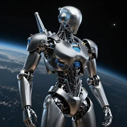 a futuristic space exploring android made of titanium and carbon fiber