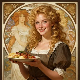 epic portrait an poster showing an waitress holding a plate of food and smilling, curly blonde hair, pretty face, glossy skin, digital painting, artstation, concept art, soft light, hdri, smooth, sharp focus, illustration, fantasy, intricate, elegant, highly detailed, D&D, matte painting, in the style of Greg Rutkowski and Alphonse Mucha and artemisia, 8k, highly detailed, jurgens, rutkowski, bouguereau, pastoral, rustic, georgic