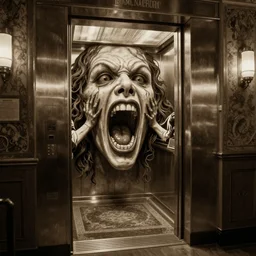 horrifying action scene sepia painting of a 1 9 2 0 s hotel elevator looking like a screaming face, clyde caldwell, h. p. lovecraft, atmospheric lighting, brooding, painted, intricate, ultra detailed, well composed, best on artstation, cgsociety, epic, horror, stunning, gorgeous, intricate detail, much wow, masterpiece, cinematic aesthetic octane render, 8 k hd resolution,