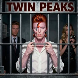 Twin Peaks poster artwork by Michael Whelan and Tomer Hanuka, Karol Bak, Rendering of David Bowie locked the local jail cell, from scene from Twin Peaks, full of details, by Makoto Shinkai and thomas kinkade, Matte painting, trending on artstation and unreal engine