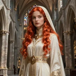 red hair priestess, cathedral, D&D, fantasy, intricate, elegant, highly detailed, digital painting, artstation, concept art, matte, sharp focus, illustration, art by Ben Quilty